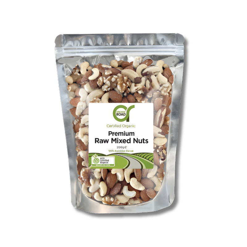Packaged premium raw mixed nuts with a visible brand label on a white background