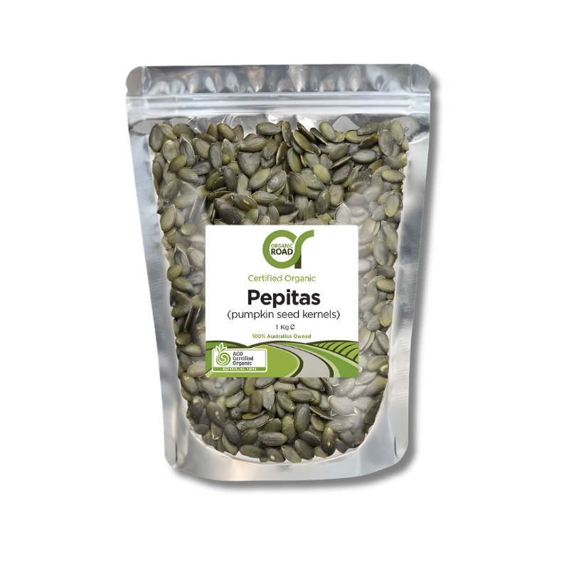 Organic Road Pepitas pumpkin seeds support healthy snacking and provide a natural source of plant based nutrients