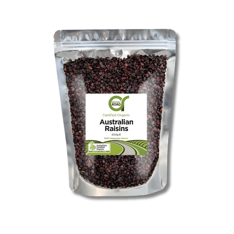 Organic sun-dried raisins made from naturally grown grapes - no added sugar or preservatives, rich in fibre, antioxidants, and natural sweetness.