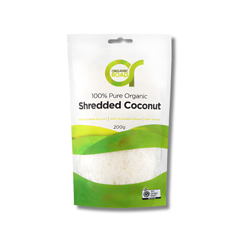 Package of Organic Road shredded coconut on a white background