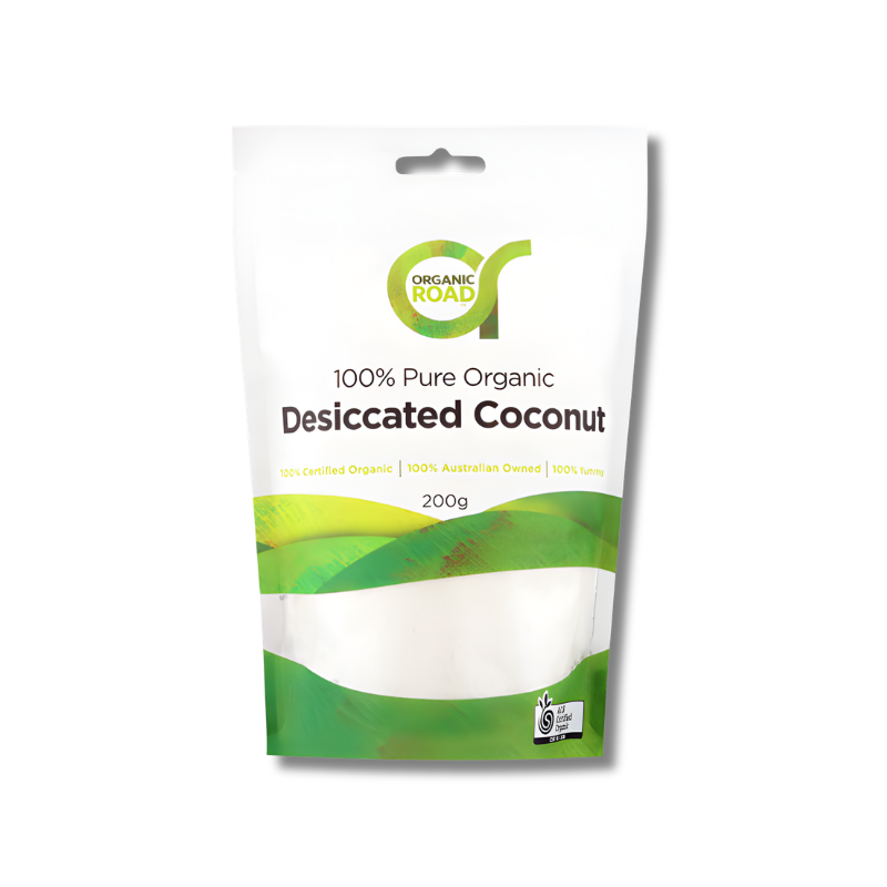 Package of Organic Road desiccated coconut on a white background
