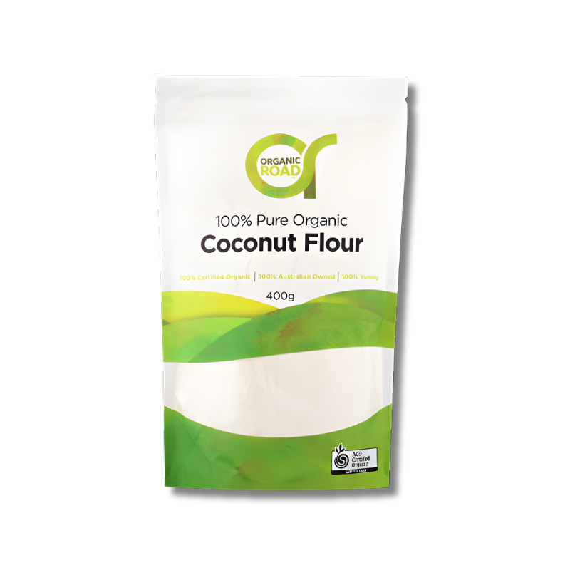 Bag of Organic Road coconut flour on a white background