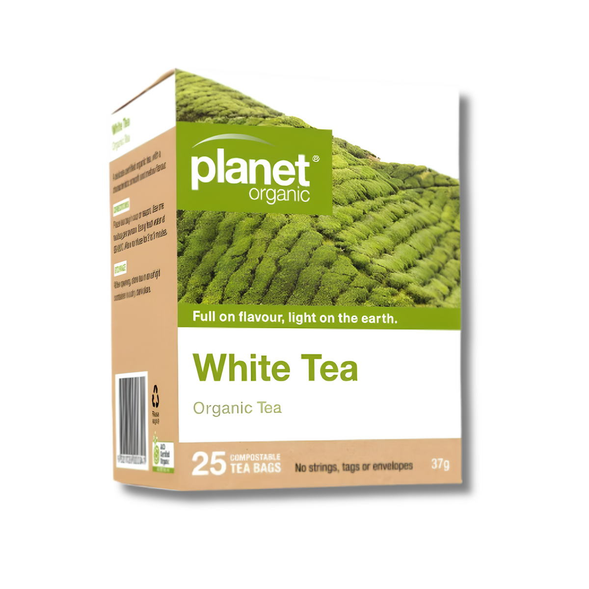 Planet Organic White Tea box packaging, featuring a green tea plantation background, brown side panels, and green and white text.