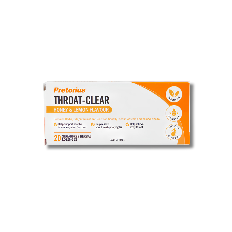 Pretorius Throat-Clear lozenge package on a white background