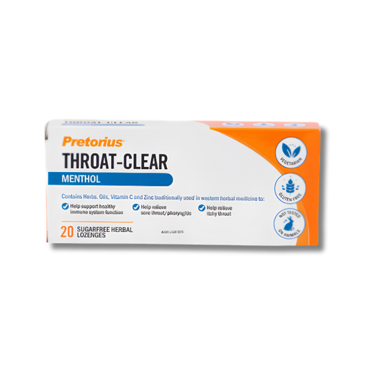 Pretorius Throat-Clear Menthol lozenge box on a white background