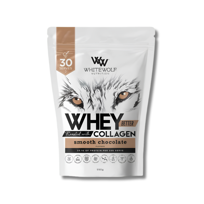 Whitewolf Nutrition whey protein powder package with a wolf design on a white background