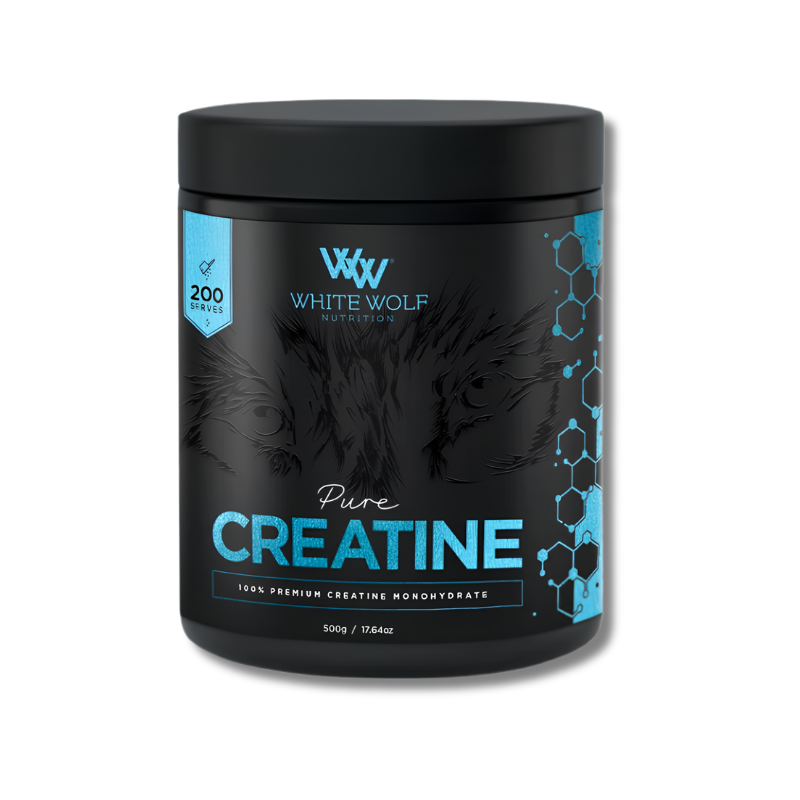 Black container of White Wolf Nutrition Pure Creatine on a white background