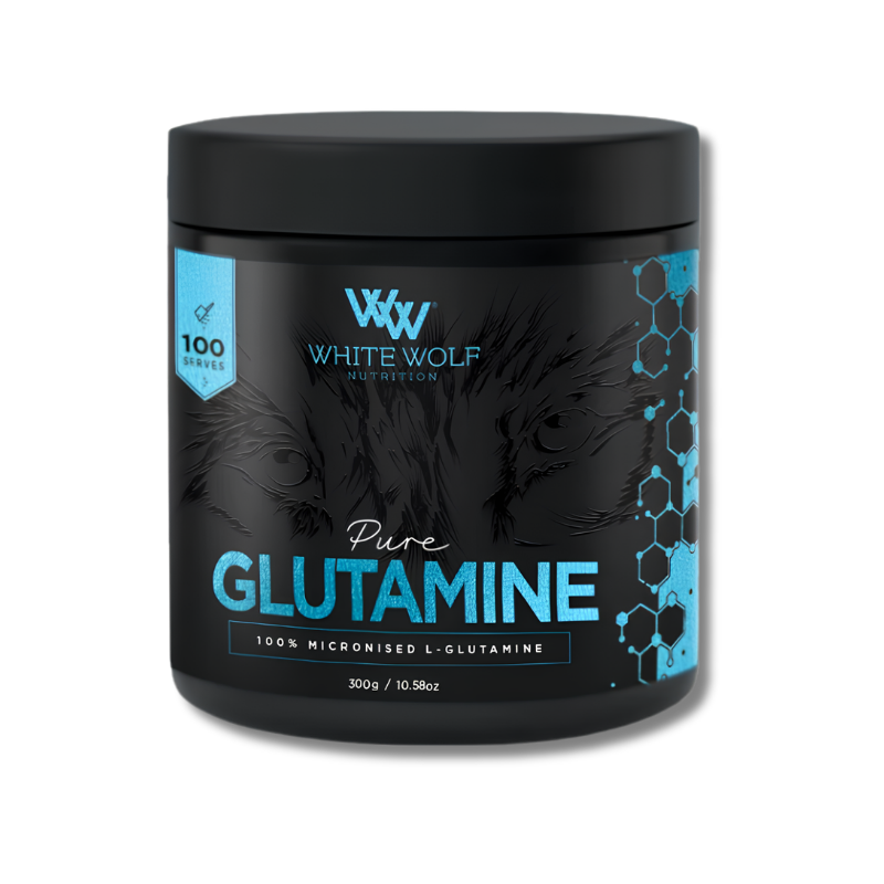 Black container of White Wolf Nutrition Pure Glutamine on a white background