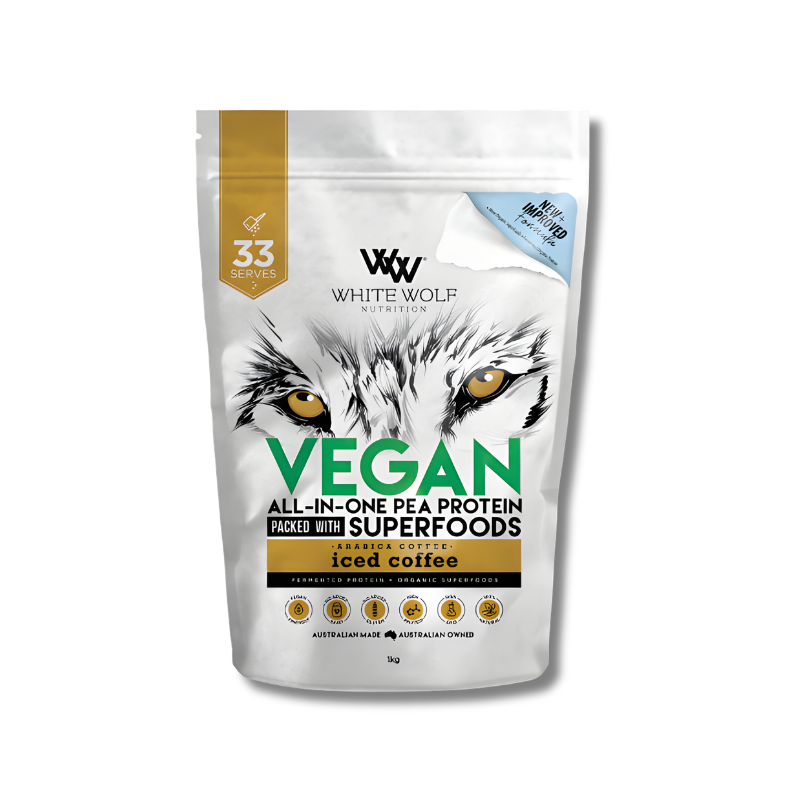 White Wolf Vegan All In One Pea Protein Iced Coffee supports daily protein intake and helps maintain energy and muscle health