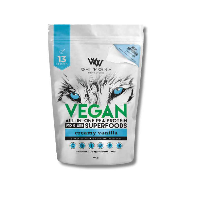White Wolf Nutrition vegan protein powder package with a cat illustration on a white background