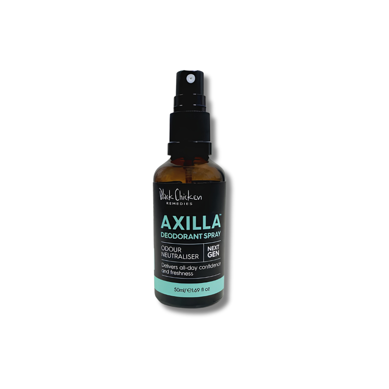 Brown bottle of Axilla deodorant spray on a white background