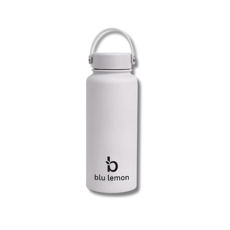 White water bottle with a lid on a white background, featuring the blu lemon logo.