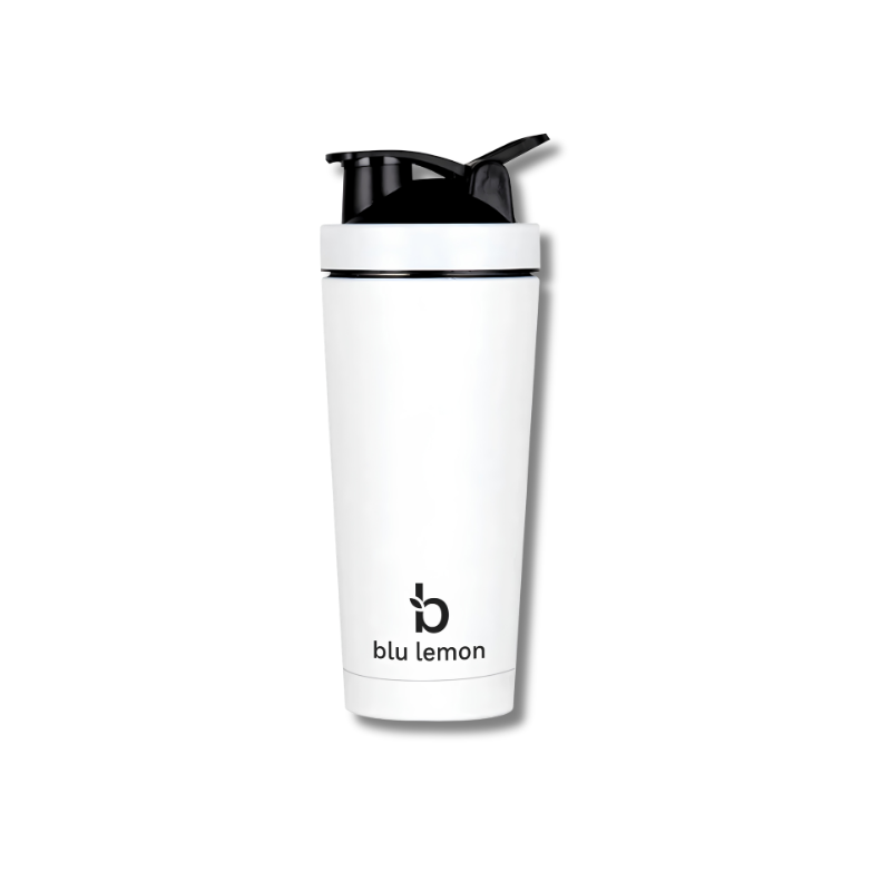 White shaker bottle with black lid on a white background, featuring the blu lemon logo.