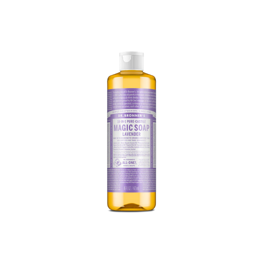 Dr. Bronner's Magic Soap bottle with lavender label on a white background