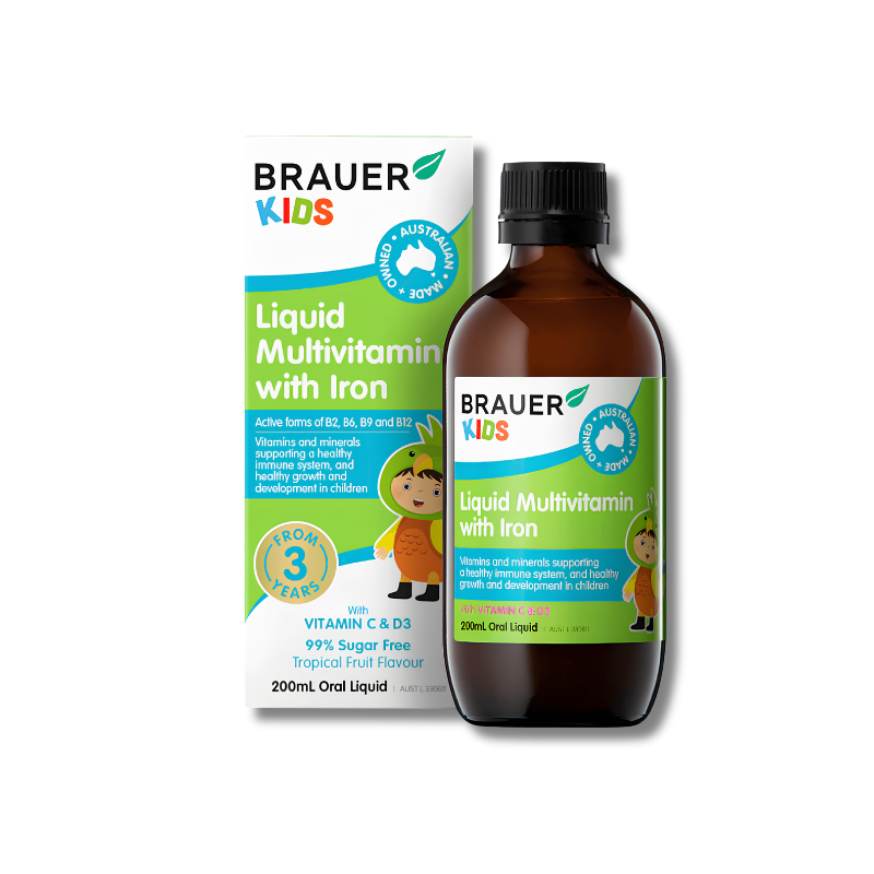Brauer Kids liquid multivitamin with iron packaging and bottle on a white background