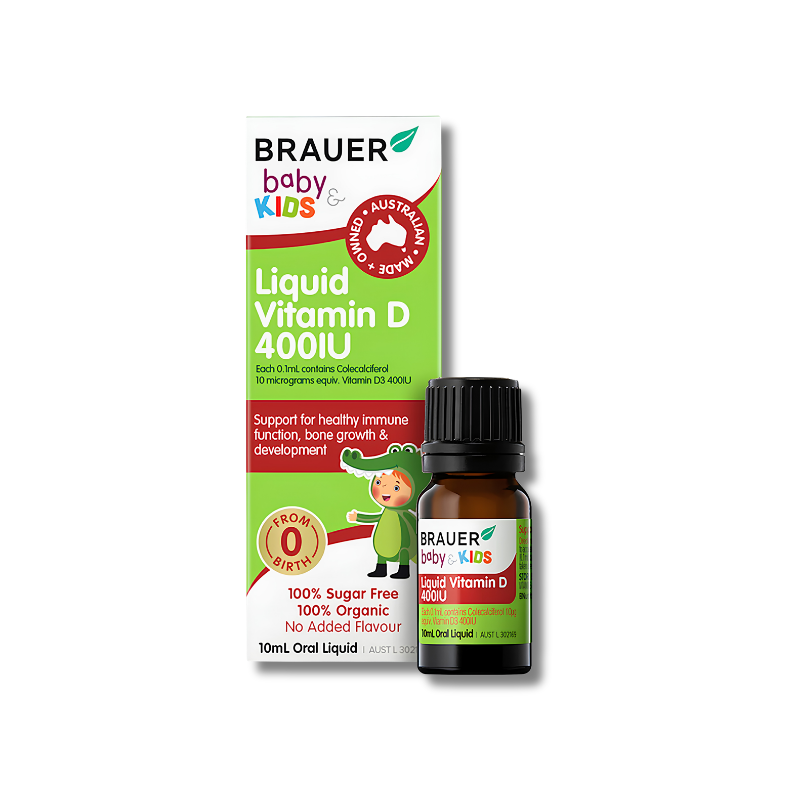 Brauer baby & kids Liquid Vitamin D 4000IU bottle and packaging on a white background