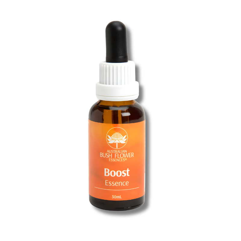 Bottle of 'Boost Essence' with an orange label on a white background