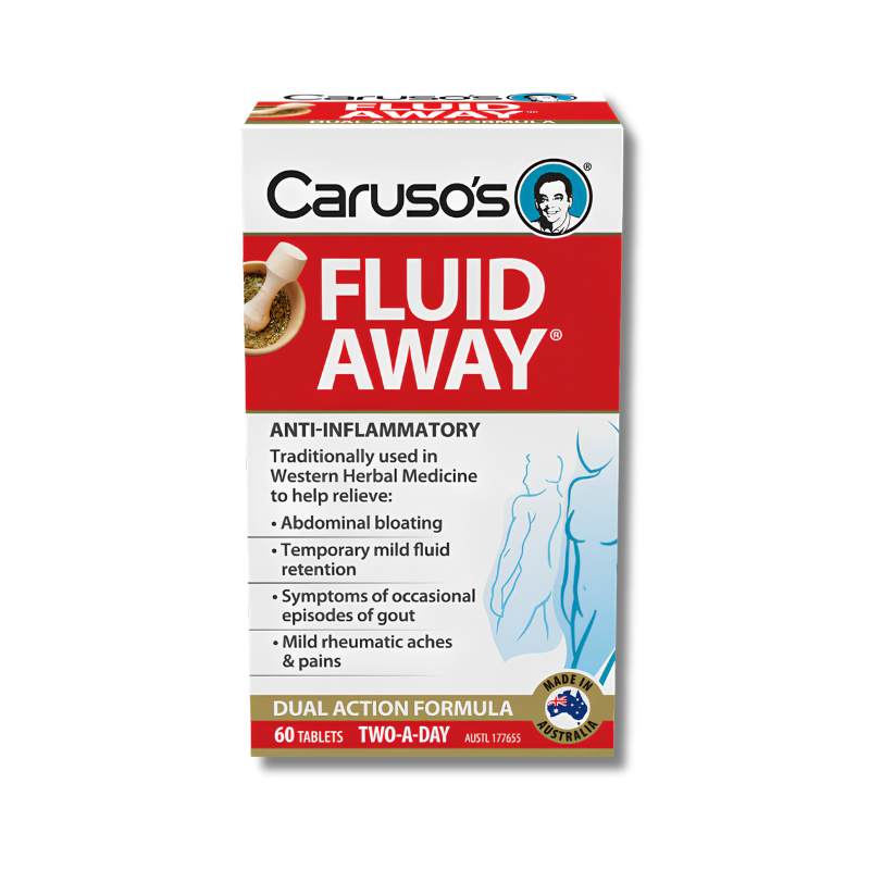 Box of Carusos Fluid Away anti-inflammatory supplement on a white background