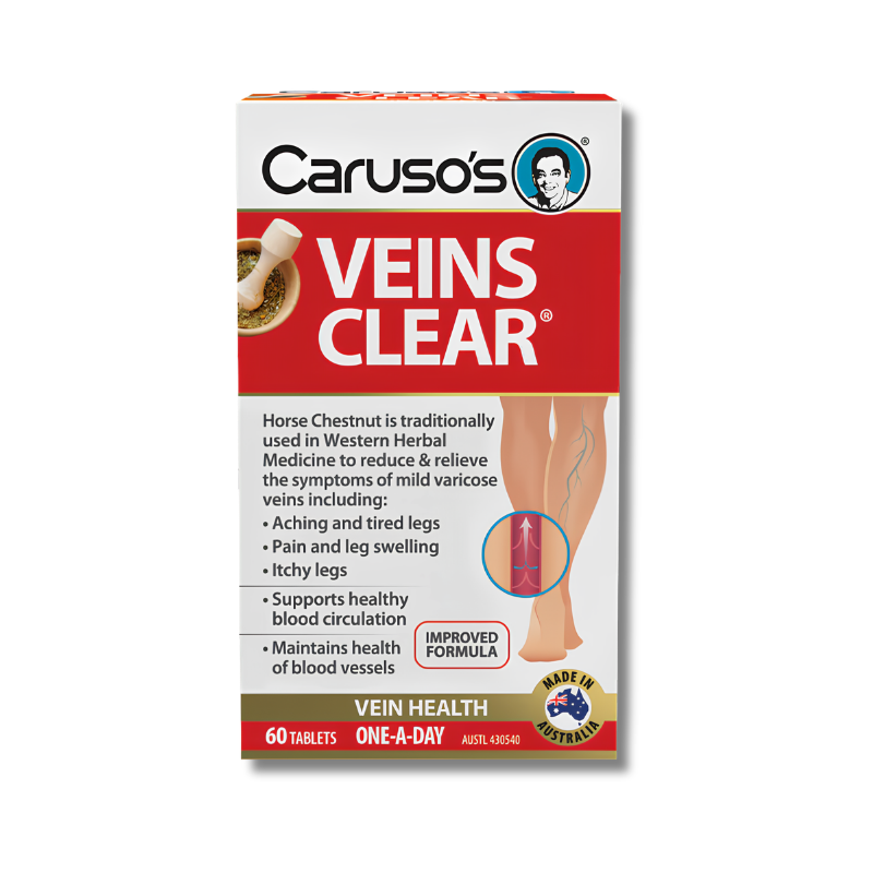 Caruso's Veins Clear supplement packaging on a white background