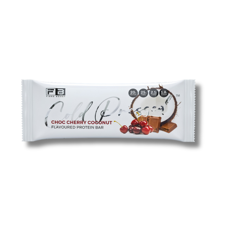 A single FA Free Food Protein Bar in its packaging, specifically the Choc Cherry Coconut flavor. The white wrapper features the FA logo, product name, nutritional facts, and illustrations of cherries and chocolate pieces.