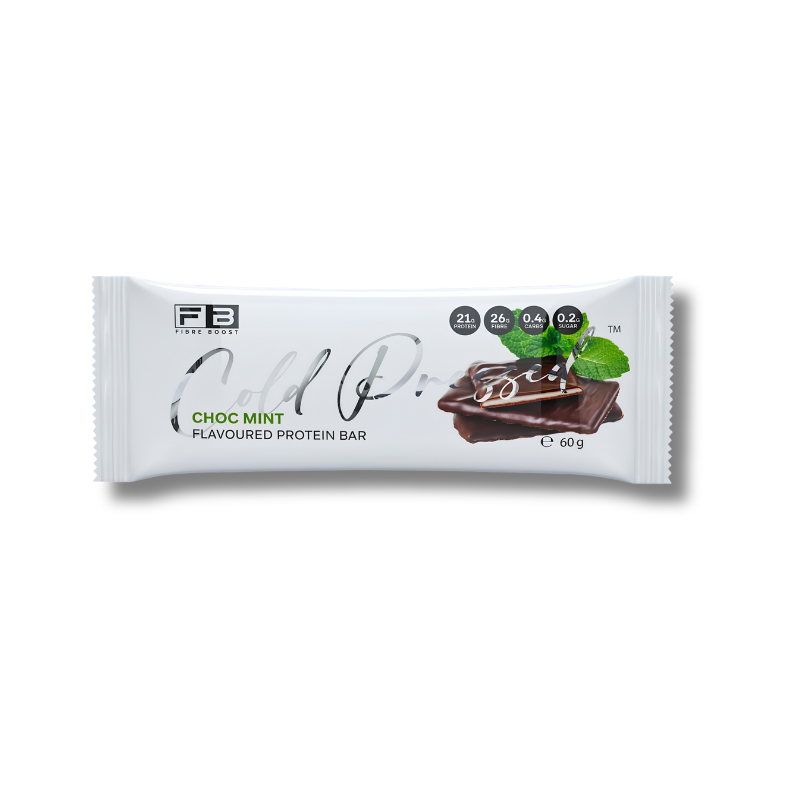 A single wrapped protein bar on a plain white background. The wrapper is white with silver script text, a chocolate chip illustration, green mint leaves, and the brand mark 'FB' with 'Five Bites' underneath.