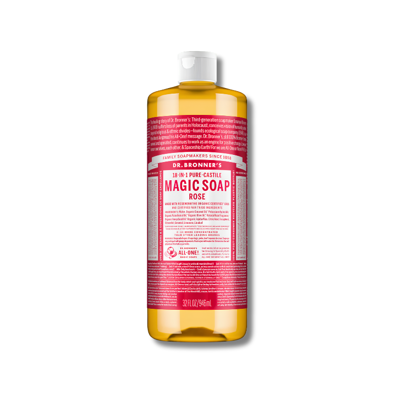 Bottle of Dr. Bronner's Magic Soap Rose on a white background