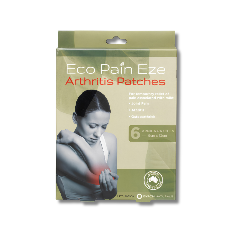Pack of Eco Pain Eze Arthritis Patches with a woman holding her shoulder on a beige background