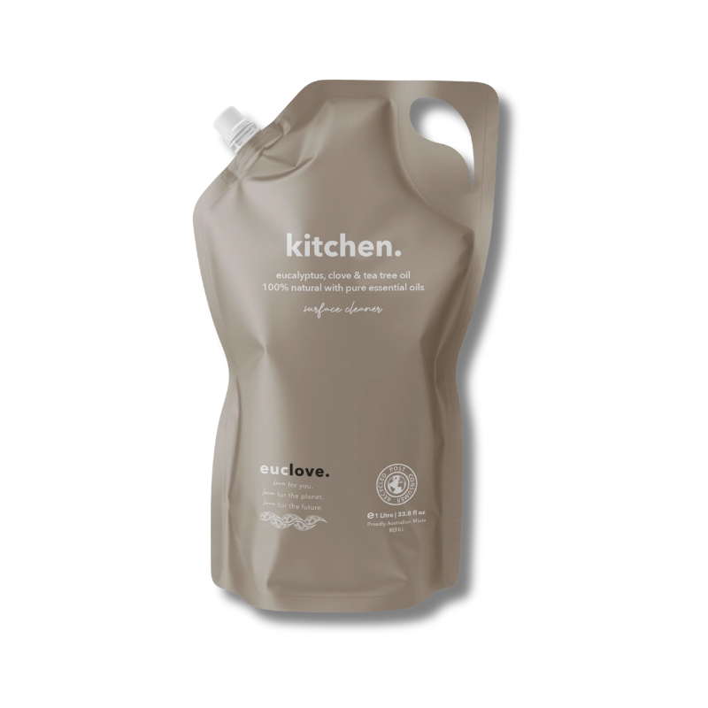 Brown pouch labeled 'kitchen.' with 'euclove' branding on a white background