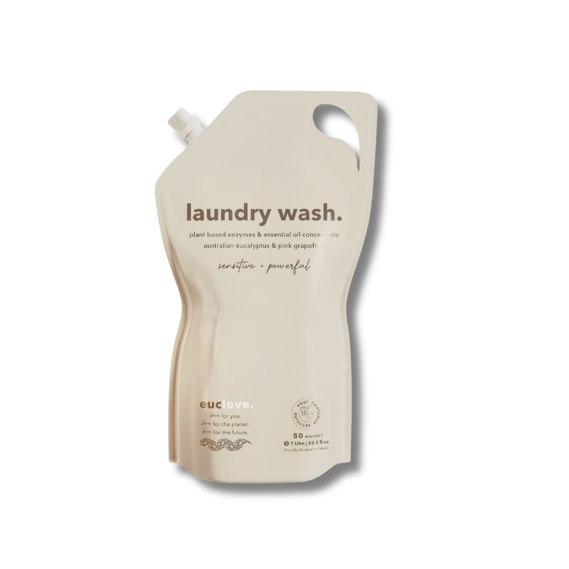 Beige laundry wash pouch with 'euclove' branding on a white background