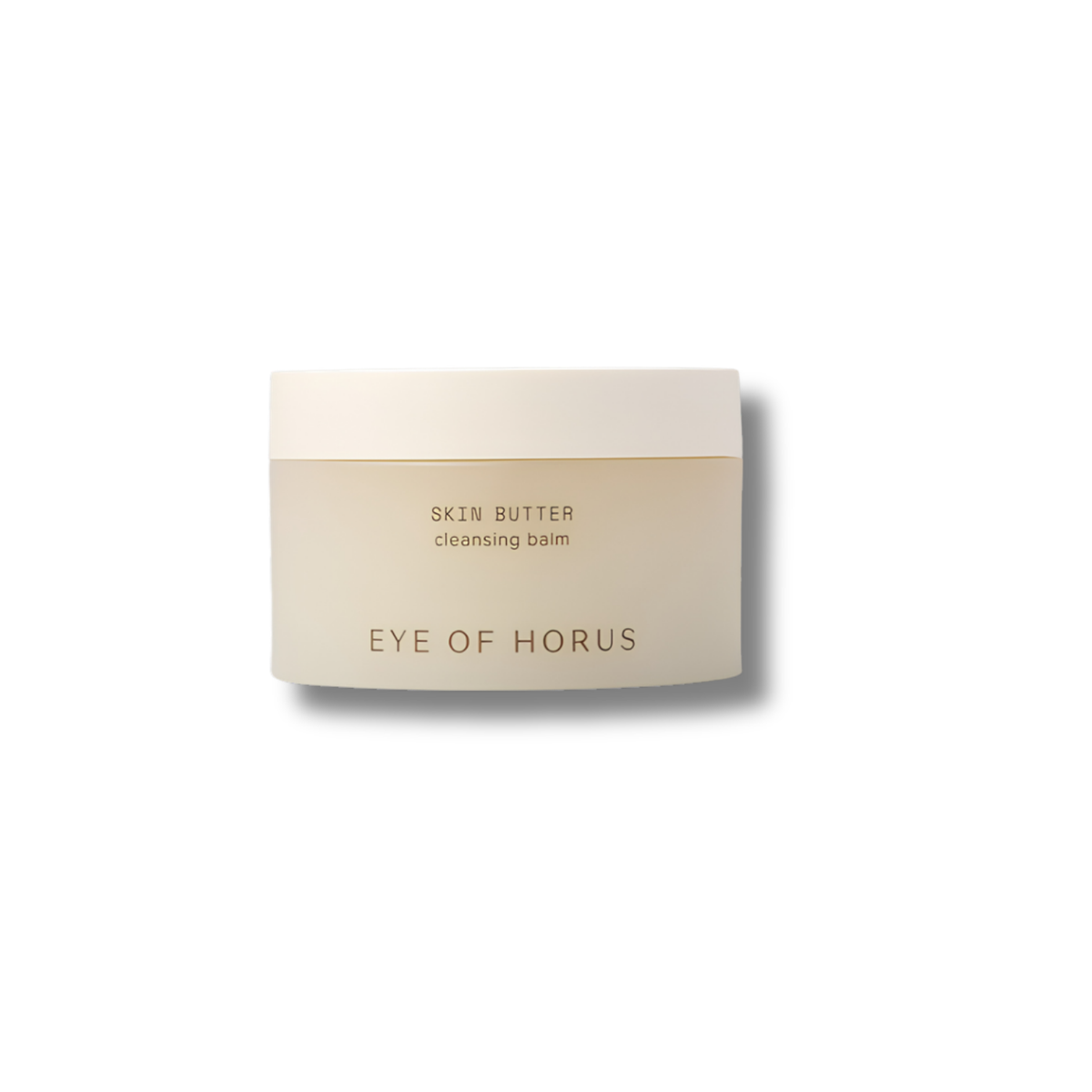 A cream-colored cosmetic jar labeled 'EYE OF HORUS SKIN BUTTER cleansing balm' on a clean white background.