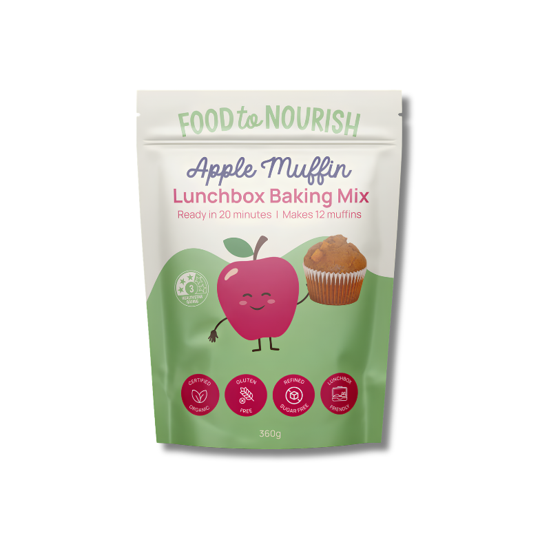 Package of Food to Nourish Apple Muffin Lunchbox Baking Mix on a white background