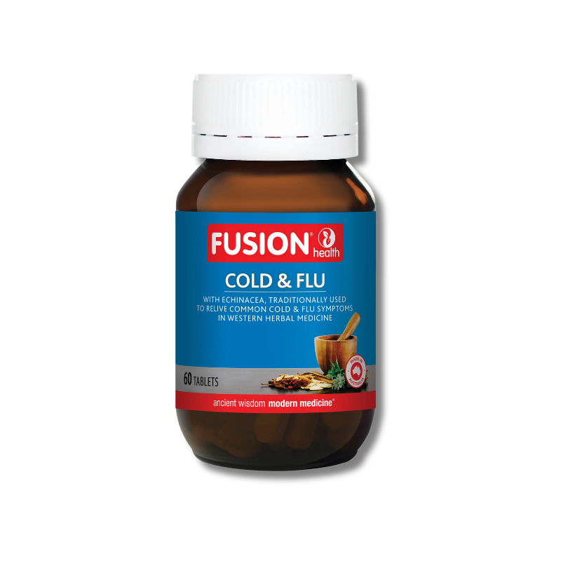 Fusion Health Cold & Flu supplement bottle on a white background