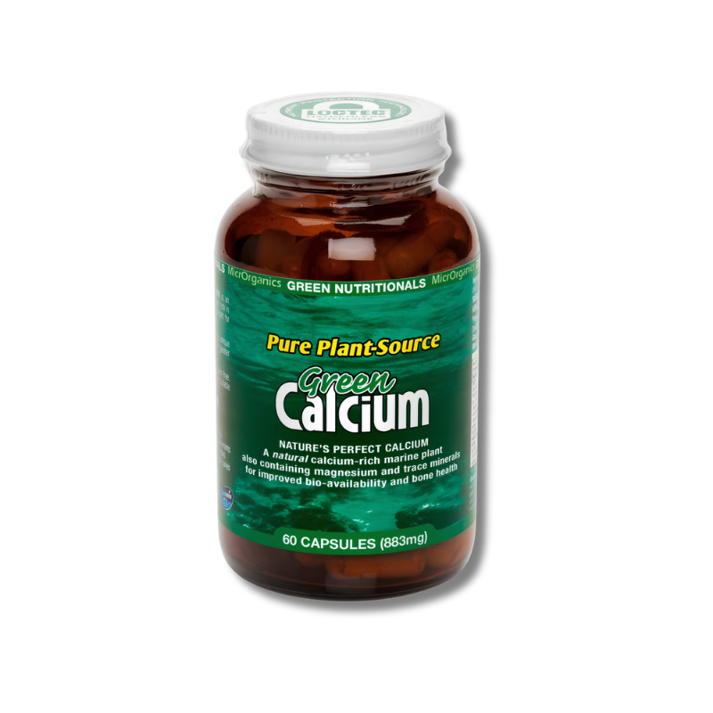 A bottle of Green Calcium dietary supplement, featuring an amber brown bottle with a green label and a white cap, containing 60 capsules.