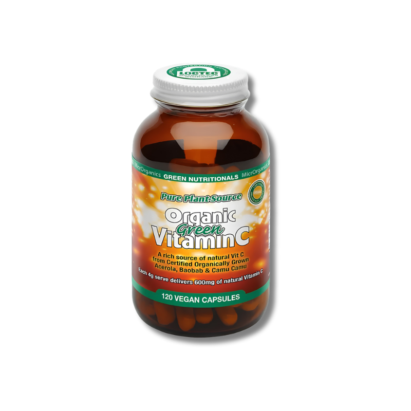 A bottle of Pure plant source Organic Green Vitamin C dietary supplement, containing 120 vegan capsules, shown on a clean white background.