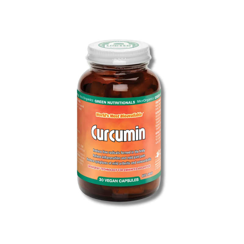 A bottle of Curcumin dietary supplement capsules by Green Nutritionals, featuring an amber glass bottle with a white cap and a bright orange label with green accents.