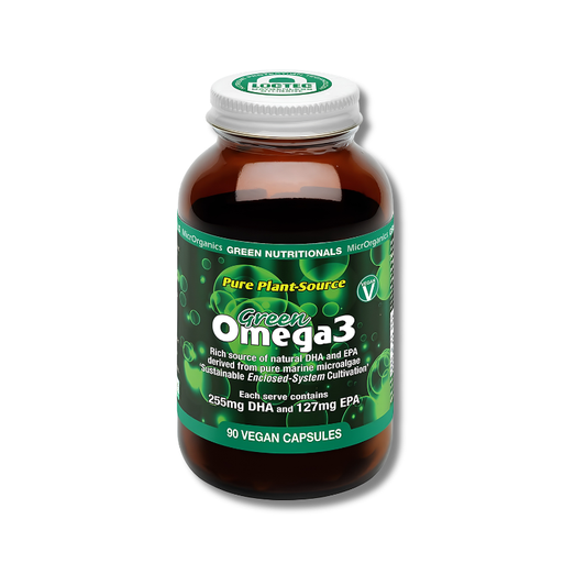 A bottle of Green Omega 3 dietary supplement by Green Nutritional, featuring a dark amber glass bottle, a green label, and a white cap, set against a plain white background.