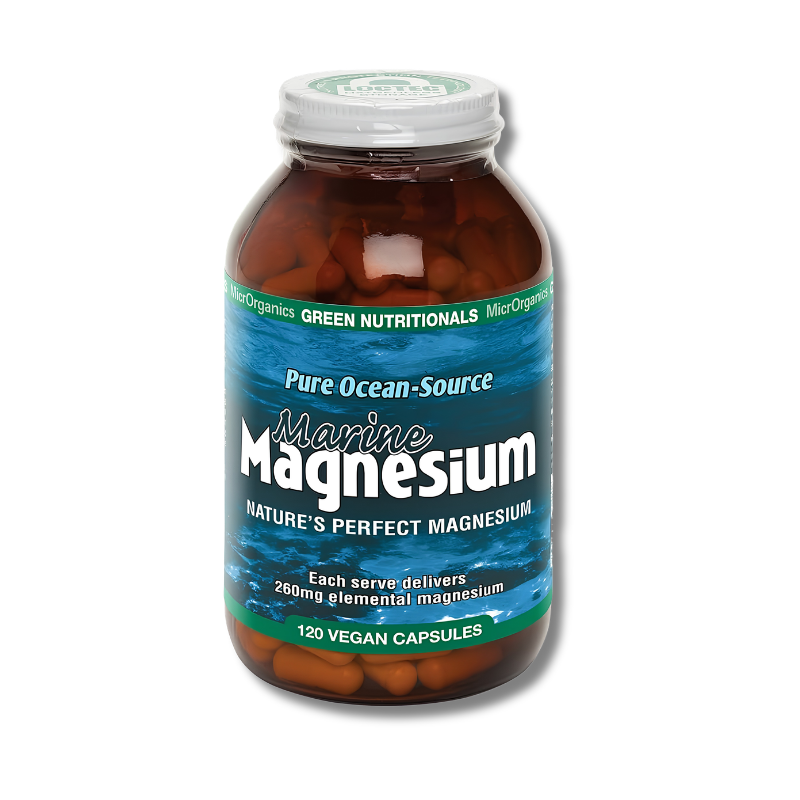 A bottle of Marine Magnesium dietary supplement with 120 vegan capsules, featuring a blue ocean-themed label and a white cap, shown on a white background.