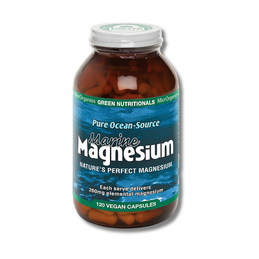A bottle of Marine Magnesium dietary supplement with 120 vegan capsules, featuring a blue ocean-themed label and a white cap, shown on a white background.