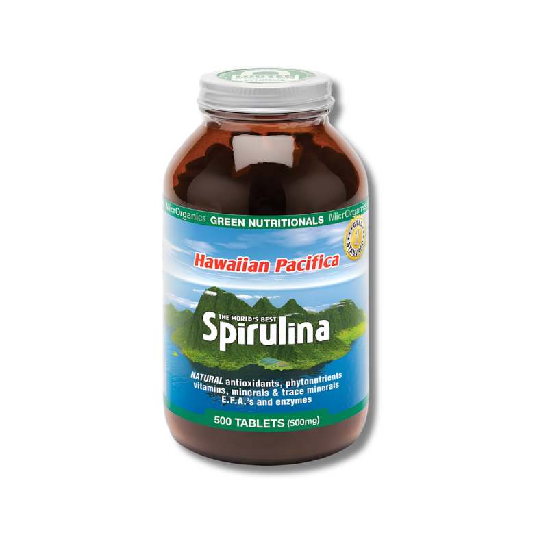 A bottle of Spirulina dietary supplement by Hawaiian Pacifica, featuring an amber brown bottle with a green and blue label, and a white cap, set against a plain white background.