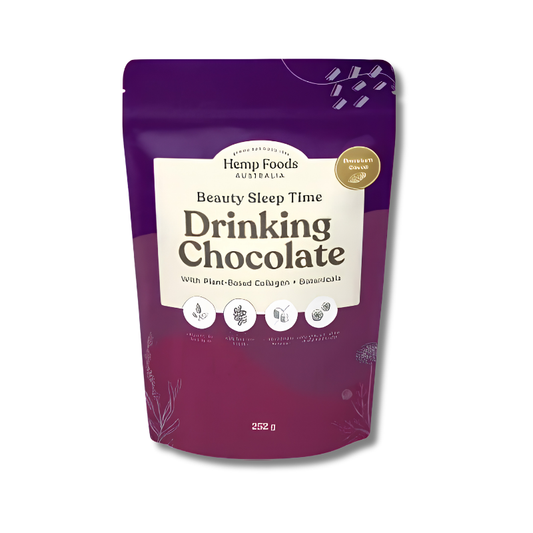 A 250g stand-up pouch of Hemp Foods Australia Beauty Sleep Time Drinking Chocolate, featuring a deep purple and magenta design with a cream label.