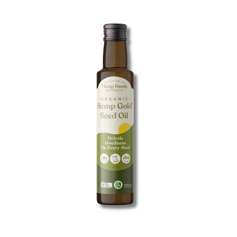 A 250ml glass bottle of Hemp Gold Seed Oil by Hemp Foods Australia, featuring a dark amber-brown bottle, a black cap, and a cream and green label, set against a plain white background.