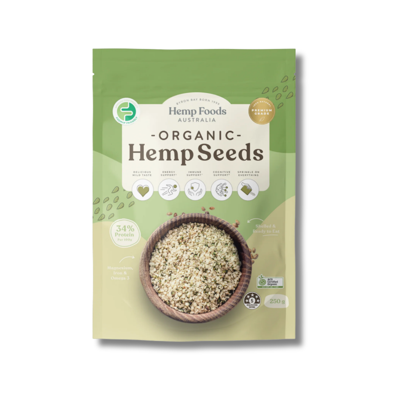 A 250g stand-up pouch of Hemp Foods Australia Organic Hemp Seeds, featuring a green and beige design with a bowl of hemp seeds on the front.