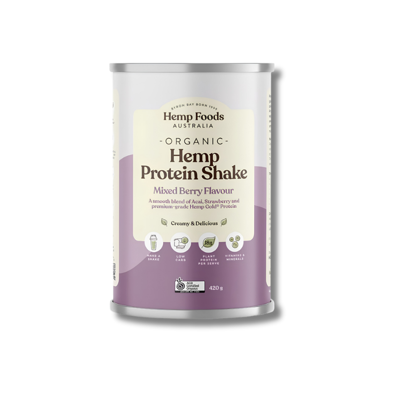 A 420 g can of Hemp Foods Australia Organic Hemp Protein Shake in Mixed Berry Flavour, shown on a clean white background.