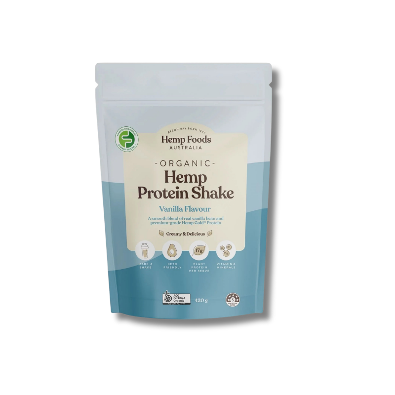 A stand-up pouch of Hemp Foods Australia Organic Hemp Protein Shake in Vanilla Flavour, featuring a light blue and white design with a cream-colored central label.