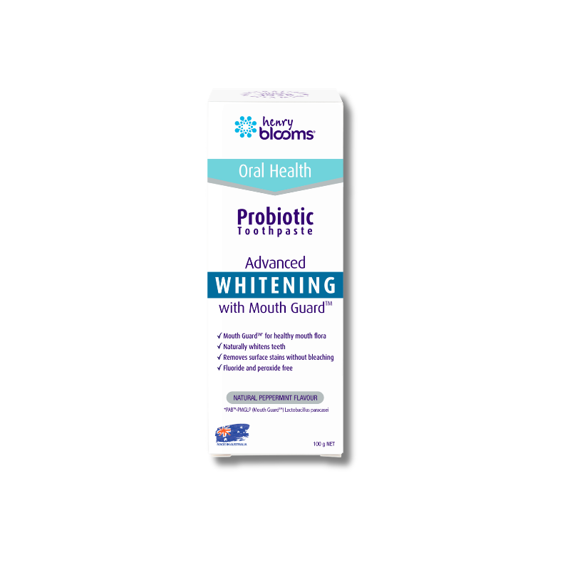 Box of Henry Blooms Probiotic Toothpaste Advanced Whitening with Mouth Guard on a white background