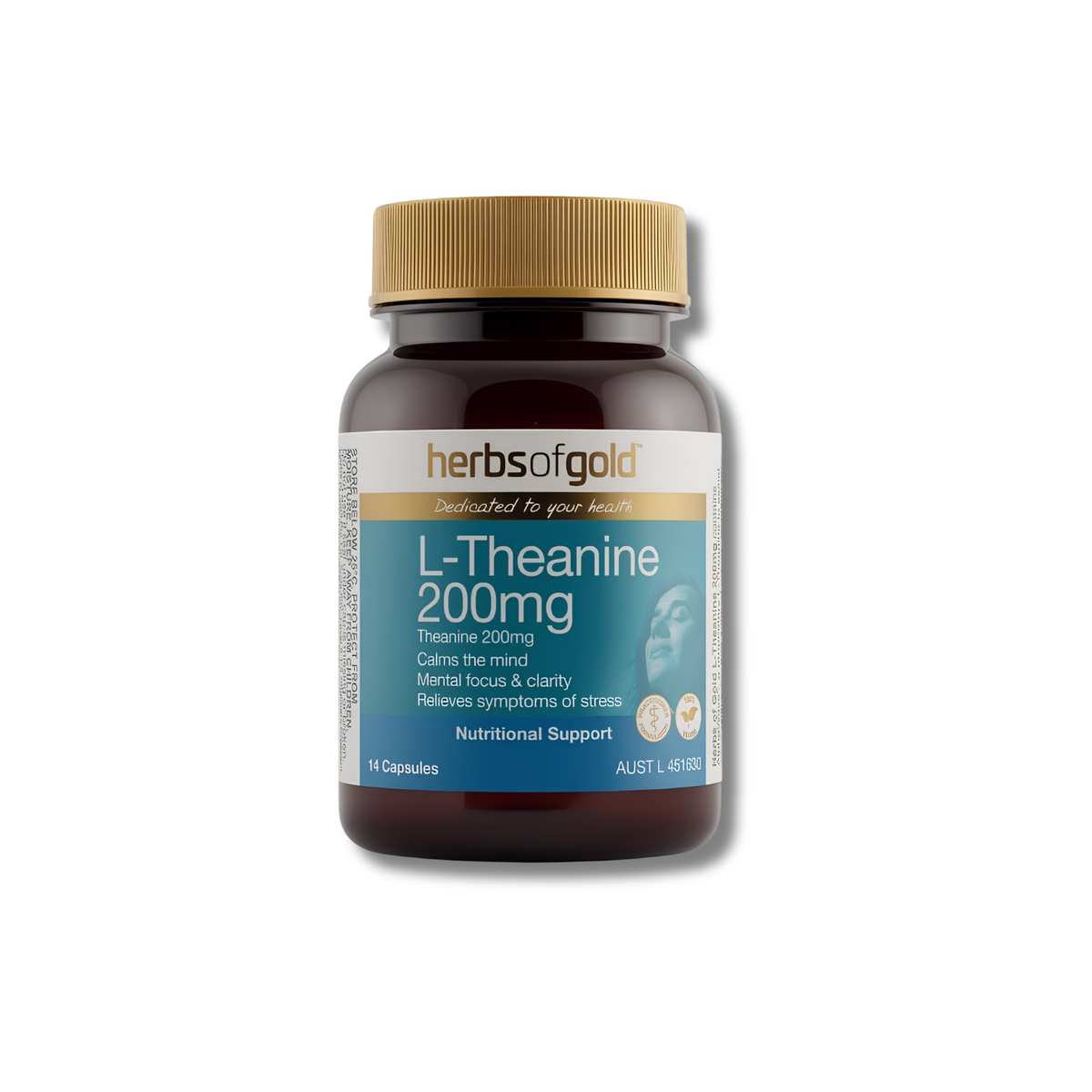 A bottle of Herbs of Gold L-Theanine 200mg dietary supplement capsules, featuring a dark amber brown bottle, a gold ribbed cap, and a teal and white label, set against a plain white background.