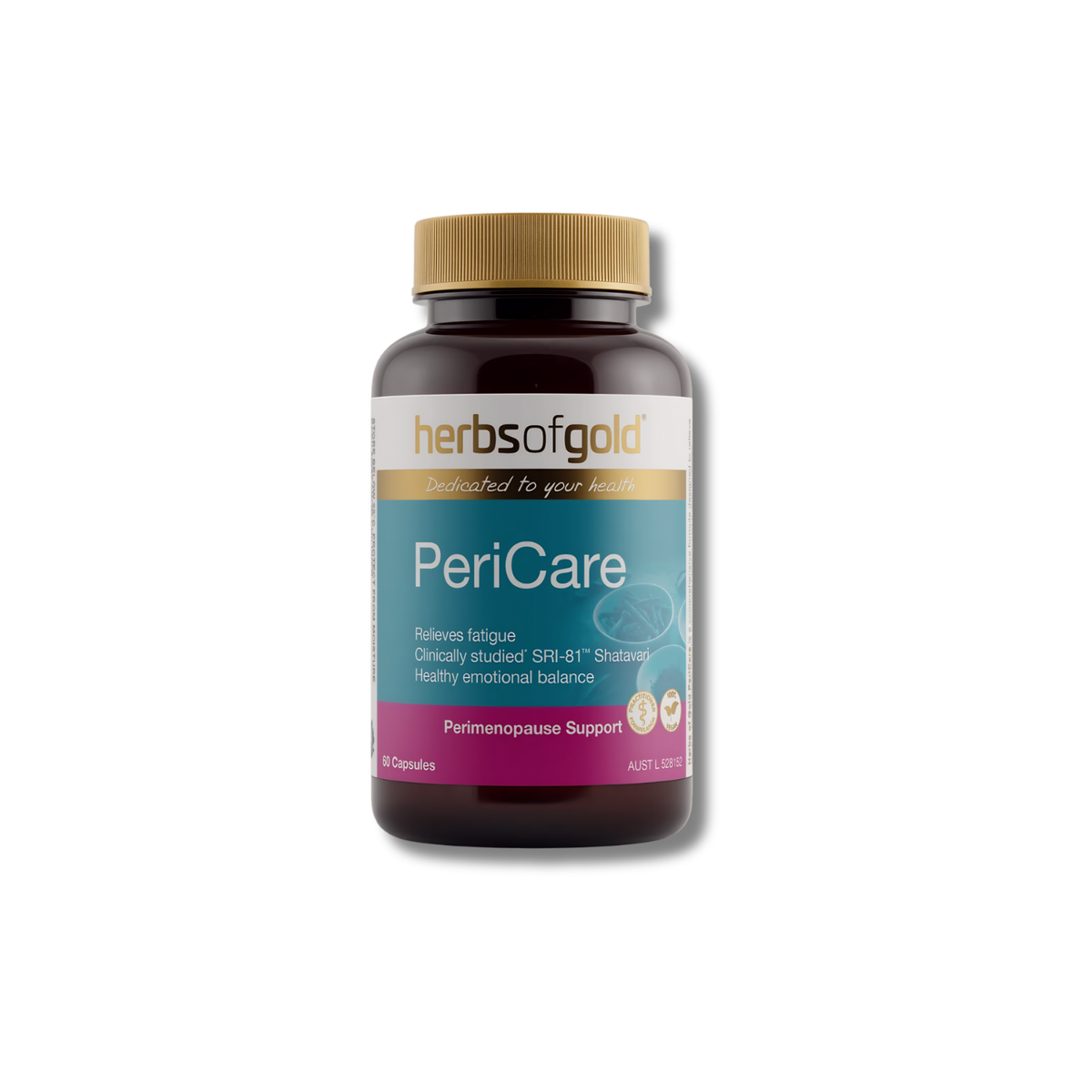 Herbs of Gold PeriCare Perimenopause Support dietary supplement in a dark amber bottle with a gold cap, on a white background.