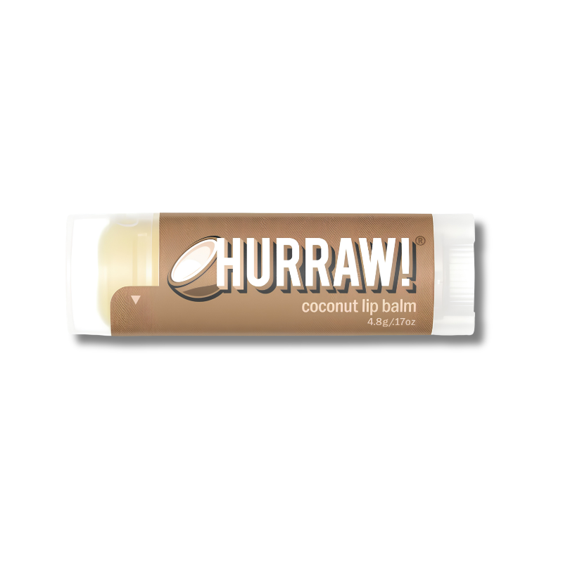 A tube of Hurraw! Coconut Lip Balm with a brown label and white cap, shown on a plain white background.