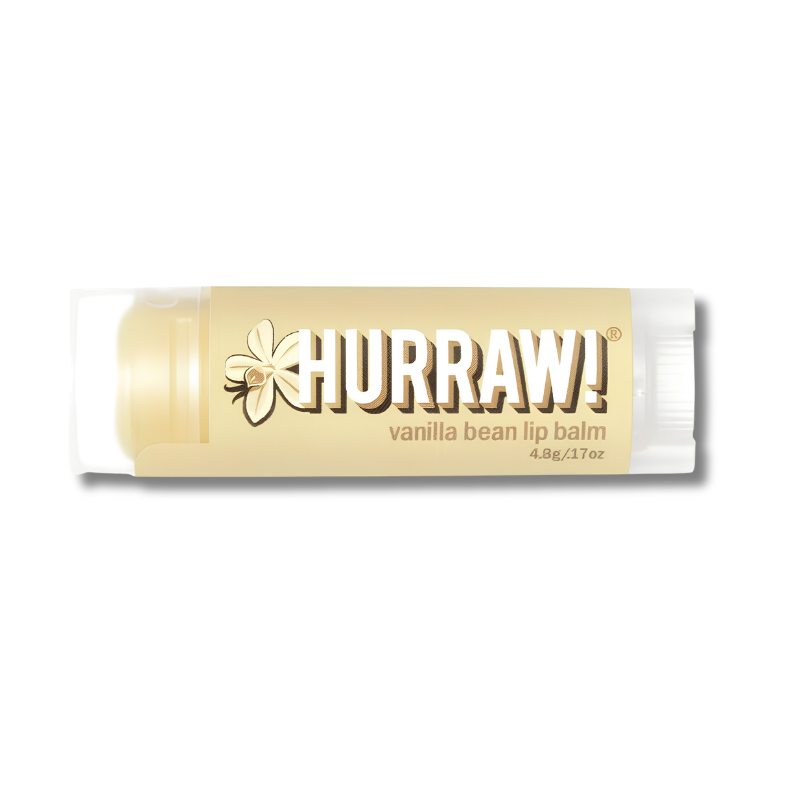 A tube of Hurraw! Vanilla Bean Lip Balm with a beige label and white cap, shown on a plain white background.