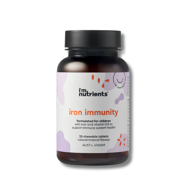 Bottle of 'iron immunity' supplement by i'm nutrients on a white background
